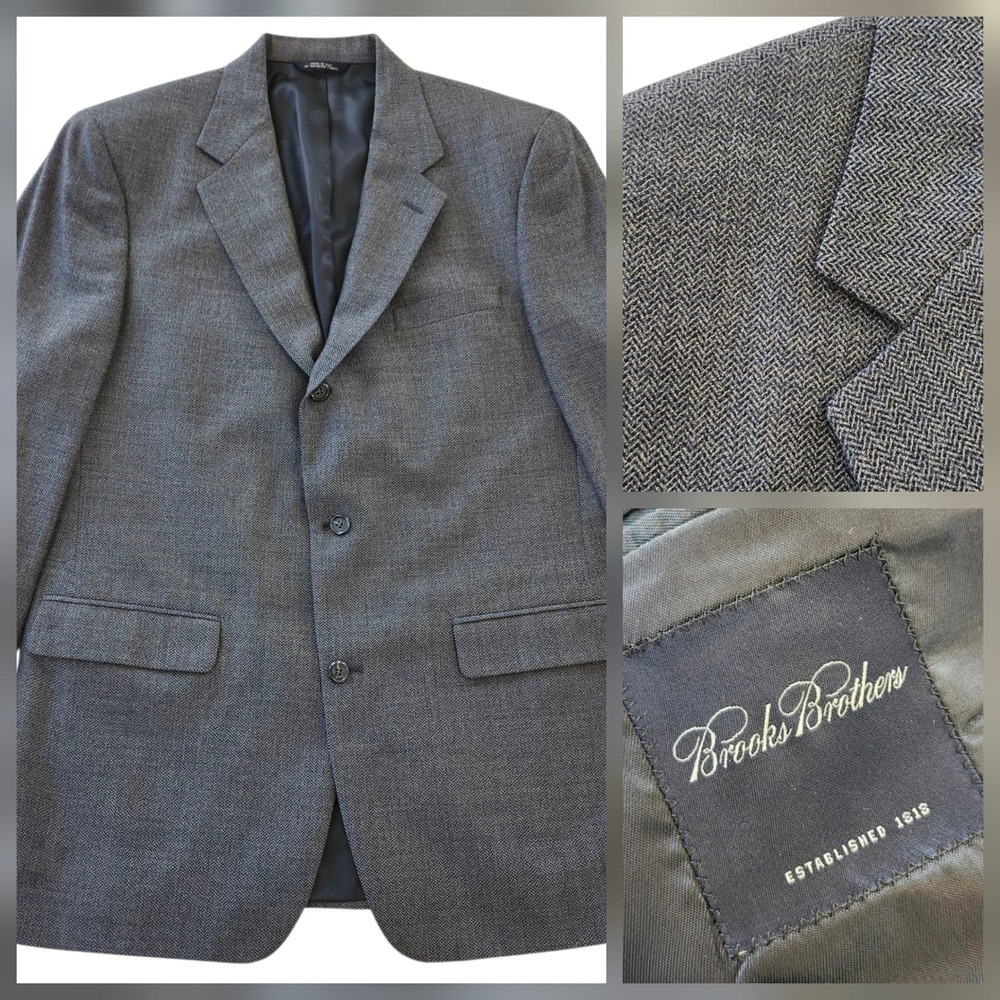 Brooks Brothers 100% Wool Navy Blue Herringbone Sport Coat Blazer Men's 42 Long